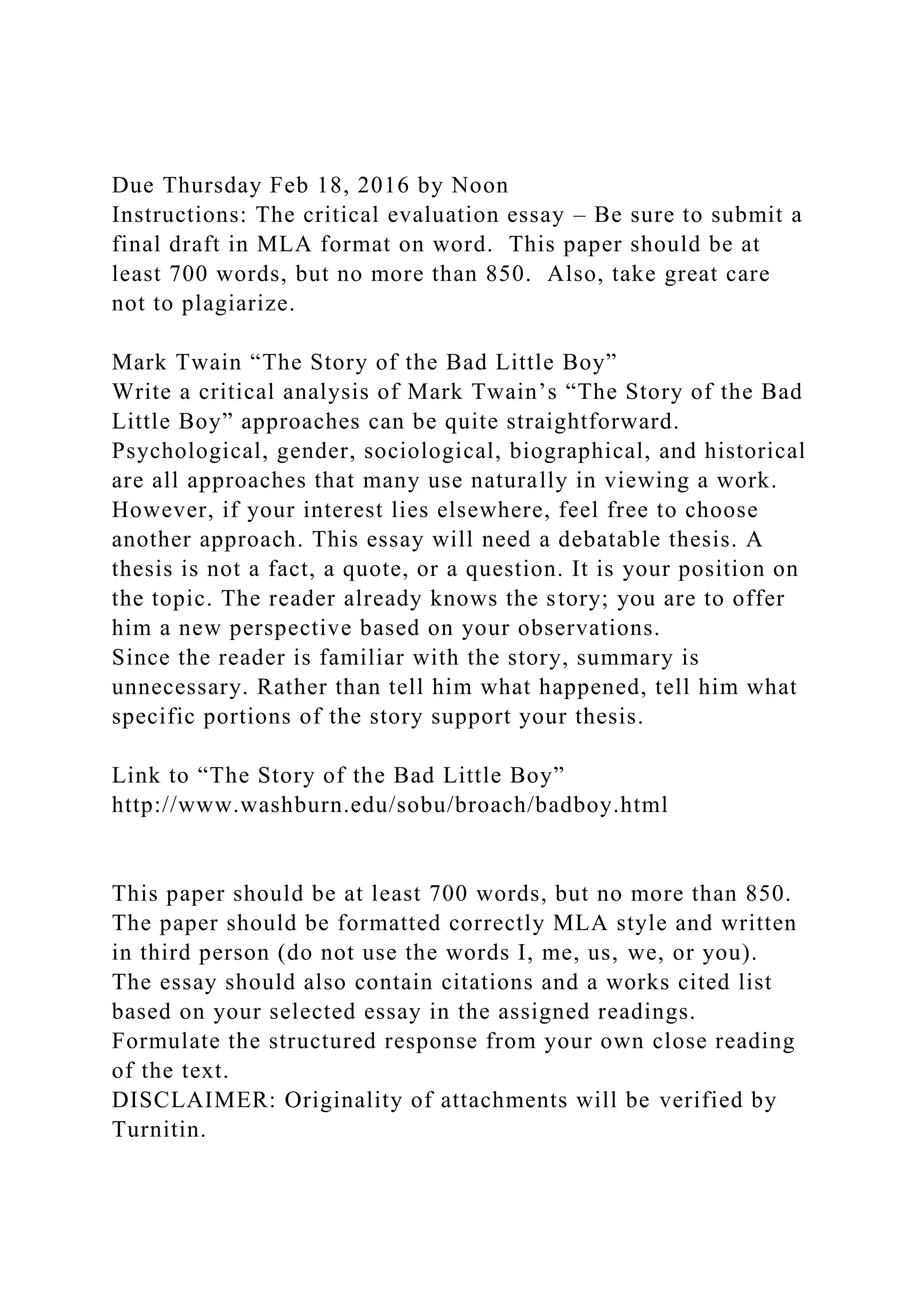 Critical analysis of Mark Twain's "The Story of the Bad Little Boy PDF