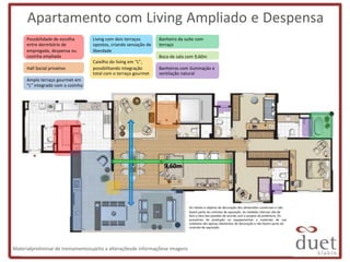 Apartamento com Living Ampliado e Despensa
      Possibilidade de escolha      Living com dois terraços       Banheiro da suíte com
      entre dormitório de           opostos, criando sensação de   terraço
      empregada, despensa ou        liberdade
      cozinha ampliada                                             Boca de sala com 9,60m
                                    Caixilho do living em “L”,
      Hall Social privativo         possibilitando integração      Banheiros com iluminação e
                                    total com o terraço gourmet    ventilação natural
      Amplo terraço gourmet em
      “L” integrado com a cozinha




                                                                     9,60m




                                                                                 Os móveis e objetos de decoração têm dimensões comerciais e não
                                                                                 fazem parte do contrato de aquisição. As medidas internas são de
                                                                                 face a face das paredes de acordo com o projeto da prefeitura. Os
                                                                                 acessórios de produção ou equipamentos e materiais de uso
                                                                                 cotidiano são apenas elementos de decoração e não fazem parte do
                                                                                 contrato de aquisição.




Materialpreliminar de treinamentosujeito a alteraçõesde informaçõese imagens
 