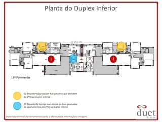 Planta do Duplex Inferior




                                         1                                     2



    18º Pavimento



                02 ElevadoresSociaiscom hall privativo que atendem
                do 2ºSS ao duplex inferior

                01 Elevadorde Serviço que atende as duas prumadas
                de apartamentos,do 2ºSS ao duplex inferior


Materialpreliminar de treinamentosujeito a alteraçõesde informaçõese imagens
 