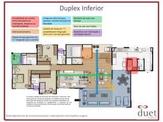 Duplex Inferior
      Possibilidade de escolha                Living com dois terraços                    Banheiro da suíte com
      entre dormitório de                     opostos, criando sensação de                terraço
      empregada, despensa ou                  liberdade
      cozinha ampliada                                                                    Boca de sala com 9,60m
                                              Caixilho do living em “L”,
      Hall Social privativo                   possibilitando integração                   Banheiros com iluminação e
                                              total com o terraço gourmet                 ventilação natural
      Amplo terraço gourmet em
      “L” integrado com a cozinha




                                                                                               9,60m




                      Os móveis e objetos de decoração têm dimensões comerciais e não
                      fazem parte do contrato de aquisição. As medidas internas são de
                      face a face das paredes de acordo com o projeto da prefeitura. Os
                      acessórios de produção ou equipamentos e materiais de uso
                      cotidiano são apenas elementos de decoração e não fazem parte do
                      contrato de aquisição.




Materialpreliminar de treinamentosujeito a alteraçõesde informaçõese imagens
 