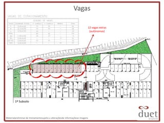 Vagas

                                                                           12 vagas extras
                                                                            (autônomas)




        1º Subsolo




Materialpreliminar de treinamentosujeito a alteraçõesde informaçõese imagens
 