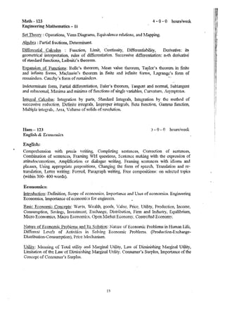 Math -123 4 - 0 - 0 hours/week 
Engineering lIlathematics - 11 
Set Theory ; Operations, . Venn Diagr3.tl1s, Equr/alence relations, .and ~,,1apping. 
AlgchiJ. : Partial fractions, Determi.'1ant. 
Ditrt'!fcutial Calculus : FUllction, Limit~ Continuity) Difterentiabiliiy, Derivative: it! 
geom.etricaJ interpretatio~ rules of differentiation. Successrve differentiation: n-th derivative 
of Btandard functio~5, Leibnitz 75 theorenl. 
Expansion of Functions: Rolle's theorem, Mean value th~orern, Taylor~s theorem in fhrUte 
and infinite forms, Ivfac1aurin's theorem in 'finite and infinite fbrrns, Lagrange's fonn of 
renlaindcrs. Cauohy's fonn of rcw..ainders. 
Indetenninate foml, Partial di1ferentiatio~ Euler's t..'1eorern, Tangc.nt and nonna1, Sub tangent 
and suhnolm.a1,:lAau.."1l3 and minL"na of functions of single variables, Curvature, Asymptotes, 
Integral Calculus: Integration by pa...-rts) Standard Integrals, L"1tcgration by the method of 
successive reduc.tion, DefirJte illtegrals} hnproper integrals~ Beta function~ Gatruna function, 
rvfultiple integrals} .Are~ Volurne of solids of revolution. 
IIum-123 3 - 0 - 0 houfsiweek 
English & ECOUOUiks 
English: 
Conlprehension with precis lVriting, Completing sentetlces~ Correctio.n of sentences, 
Combination of sentences, Fralning VH questions, Sentence lnaking vith the expression of 
attitudes/emotions; ..A..mplification or dialogue writing, FratnL11.g sentences vith idionls a..t'ld 
plu'ases, LTsing appropriat~ prepositions, Changing the form of spe~c~ Tra,.'1s1ation and re­translation, 
Letter ~~Titing: Fonnal, Paragraph writing, Free compositions: on sele·cted topics 
(within 300- 400 words). 
Econondc8! 
Introduction: Def1nition, Scope of econolnios~ Luportan~e lind Uses of economics. Engis,eerilig 
Economics, lmportance of econo111ks for engineers. 
Basic Economic Concept~: Varts, VealtP.., goods, lalu~, Price~ Utillty, Production, Income, 
COrtSUfllption, Savingts, Irrvc:5tml~l1t,Excha.ngc, Disttibution, Finn and Industry, Equilibrium, 
Mero Econorrrics~ Macro Economk·s~ ()pen NIarket EcononlY; ControHed Economy. 
NatlJ!,£'Qf E£91l01l1i~ PrQgl~l!JS and Its SoIutiQ~: Nature of Econonric Problenls in Human Life~ 
JYjferent Lev~!s of Activities in Solving Econonuc Problems. (production-Exchange­Dhmibuuon- 
Consumptlon), Price Ivlechailtsm. 
Utility: 1vleaning of Total utility and 1.iargmal Utility, Law of Diminishlng 11arghY).a Utility, 
Litnitation of the Law of Diminishing Marginal TJtili1y. Con..c;umer's Surplus, hnportance of the 
Concept of C01lSlli1"ler'S Surplus. 
 