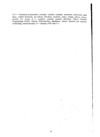 CiC++: Structured progrmntl'ing cOllcept~, variables. con~tant8. 01)eration~~ expression_~, data 
types, control st~tem~n.ts, pr{'c.edures, f~nctions, recursion, arrays; ztring.<;, poi.nkr, arra'"s. 
r~cords. 1:0 sySi.elTI in C, graphics, dynanllc Inernory' allocation. Object Oriented 
Progrnrrl1n.ing (OOP); Objects, PolYln01:phj~ln~ inheritance, classes, fill1ctjon and operator 
overloading, iirtUal functions, C++ streatllS, OOP with C+.+. 
J6 
I I I 
 