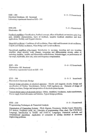 EEE-334 
Electrical ~1achines- III S(lssional 
Lnborat01Y expe.ti.tnent~ ba.'3ed on EEE - 333 
F.ER-3S3 
Electronics -III 
o - 0 - 3/2 hours!we.ck 
3 - 0 - 0 hoursi.veek 
Feedback il1llplifiers: Classification, feedback concept, effect offeedb;JCk 011 transistor gain~ loop 
gain, runplilier characteristics, types of feedback, negative feedback amplifiers and their 
applications: Stability and Nyquic:;t criterion, 
Si..'1.Hsoidal o~cillators: Conditions af self-oscillation. ,. pp.2.se shift and Resonant circuit oscill..~tors , 
Colpitts and Hartky oscillators, ¥ien Bridge and Cl)~:;ta1 oscillators. 
r "_1 Jar ,,...,. A .. In' 1 " t . " 4 • « up.~r::!nOni.u. anlp.u:n.Crs (~}P-•• m£.~ .frOQUCnOn 0 op-amps, mvernng ana n.on mvertmg 
(unpliiier, p}l..ase inverter~ scale changer, integrating and differentiatir'1g circuits, adder or 
surm:nl11g :.i1nplifi",r, Astable and l.,fonostahle multivibrators, Schmitt trigger, ac perronnance of 
Op-anlps, b"ndwidth, slew rate, noise and frequency cOlnpensation. . 
·0 - 0 - 3/2 hoursiweek 
ElertronifS -III Sessionai 
Labonltory eXperl1l1ents base.d on EEE - 353 
EEE-300 o - 0 - 3 hours/week 
·Elct:t.rka.i &; Elect.ronic Design 
~ienerJ,l dt;8ign principks of dec1ric_al aplL3ratu~ : Electric and magnetic circuits, Design and 
!'4pedfication of Choke~; Transfonners, Starter~, Field regulators etc. Element~ of design of 
rot..~ting rnacl-unes, Design and interi>fetanoll of eleclrical systeln layouts. 
G:eneral desiQ.1;l as,ect of electronic devices. : Filters, Amplifiers~ Oscillators, Audio transfonners, 
Po"Ver supply from both mair.s and batteries, Typkal design problenls. 
. EEE-310 o -0 - 3 hourslveek 
Pi'ogran;uning Techniq ues "-~ r~unlerical A..l'J.aiysis 
Organiz.ation of COlnputing Systems : Block diagra~ Processors, l1othcr board, Memories, 
I/() devices, Pe.ripheral cards~ etc.; Principles of prograllLmLng; Flow chart; The FORTRAN 
Lan.guage; Introduction to BASIC and P ASC..!L Languages; Numerical tuethods and 
computational ,algotithms; Application of computers in solving electrical & elec1ronic 
engineering problems. 
31 
 
