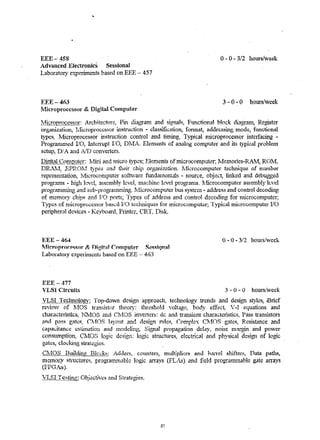 EEE- ~5g o -0 - 3/2 hours/week 
i.dvanced .Electronics Sessional 
Laboratory expen..-rnents based on EEE - 457 
:EEE-463 3 - 0 - 0 hours/week 
~1icroproccssor & Digital CQUlputer 
JvfiCmnmce8sqr: Architecture, Pin diagram and signals:, Functional block diagram, Register 
organl.zalion, r"fic:roprocc~~ol' instrucTIon .. classification} fOlmat, addrc:ssing mode, functional 
types, :rv1icroprocessor irJstn)ction control and tirrting, Typjcal nricroprocessor interfacing .. 
Progranuned lIO, hitenupt L:O, DlYfA. Elements of analog complitel' and its typical p.roblem 
s~tlp, Df A and All) convel1ers. 
Di~J1tJ C!!l1Jm!J~r: Iv!ini and micro types; Elen1ents ofmicrocompuie:r; ~,,1emodes-RAl'1, RC)1vI! 
DR.lu'f~ ;EPRO.~f types :;,nd ttt,eir chip orgartiz:~tion. 1,fic:rocomputer technique of nrunber 
representation, rvIicroconlputer sofuvare fundatnentals - source, object, linked and debut1~ed 
progr&!'}:u: - high kve~ assembly level, machine level progrants. R·ficrocomputer assembly It, vel 
progranuning and sub",progranurJng. IVlicrocontputcr bus SystCTIl - address and control decoding 
of memory chjp~ and 1/0 ports; Types of address tltld control decoding for nncrocomputer; 
Types of nucroprocessor based lie) techniques for wicrocomputi,;;r; Typical microcomputer I/O 
peripheral devices - Keyboard, Printer, CRT~ Disk 
EEE-464 
lVfkroprocessor & ))igital Computer Sess!Qnal 
LaboratolY expcrullcnCs based on EEE -- 463 
EEE-477 
VLSI CIrcuits 
o -0 - 3/2 hours/week 
3 - 0 - 0 hours/week 
YL~I TecllQ.ology~ Top-down design approac~ teclmology trends and desig..."l styles, ~Btief 
rel,·ie"v of :t·10S transistor theor:y: threshold voltage, body effect, "V -I equations and 
characteristics, l1v10S and ClvIOS inverters: de and transient characteristics~ Pass transistors 
and paRS gate~, (;!,fOS l:ryout and design rules, Complex C1,10S gates, Resistance and 
capacitance: cstirnation and ll1odcling, Signal propagation delay, noise m::trgin and pO'wer 
consumption) CIvfOS logi.c design: logic structures; electrical and physical design of logic 
gat~s, clo.~kUig f)traicgics. 
CNIOS Building Blo{.:ks: Adders, counters, multipliers and oa.-rei spjfters, Data paths, 
melTIOi}r struciUresl progratDlnabk logic arrays (PL.As) and field programInable gate arrays 
( r.TtG At •• ..l:~' 3".t'~:-;). 
,,'LSI T~::;Jit1g; Oqi~ctiv~g and Strategies. 
41 
 