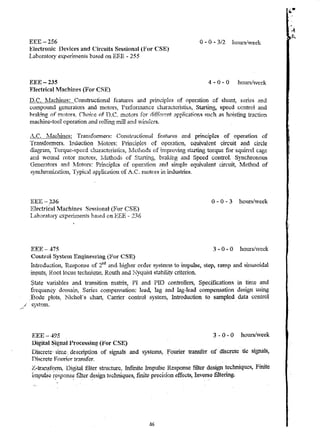 EEE-256 
E.lectronic l)evices and C'ircuits Sessional (For CSE) 
Laboratory exper.hn~nts based on EEE - 255 
EEE-235 
Rlectrical TVlachines (For CSE) 
o -0 .. 3/2 hourslveck 
hoursiv/eek 
r C 1,4" "h:"~ .. C .::<tru t;....... 1 -C"" ... h ... "" , 11"£1 ........... , .. ~ ... 10", r"f ........... ", 'lti' ·r.tf 1 H L/. • .",,':lac Alh. ... S. on"" cuvna .H.·ua.U.I. .... s at..... .Pn.,/1,.;4~·.I ... ·~ .....· .... p .... r.... on .v S l ... n .•,.. , sen•e g !:In .r.1. 
cOlnpound generators and mot.ors, Perfonnance charact>;;ristics, Starting, spe~d control and 
hraking of motors. Choke of i).C. Inoton;mr diff(~rent :!l)pJicationq ~mch as hoisting traction 
1na-chino-tool operation ;tnd rolling mill and 'indcrs. 
,{.C. ivfachille~: Transfoflllers: Constructional fearares and principles of operation of 
Transfolmers. Induction lVlotors: Principles of operation, equivalent circuit and circle 
diagr3.nl~ Torque-speed characteristics, rvIethods of unproving strJih"lg torque for squin·er cage 
and -w-ound rotor iilotors, l'"lethod'i of Starting, braldng and Speed control. Synchronous 
Generators .1nd 1vlotors: Pdncipks of operation Rna simple eqlL1valent circuit, l..fetll0d of 
~Jnchronization, Typical application of i.C. lllotors in industries. 
-236 
EI~ctrkai J,{achines Se.ssional (For CSE) 
Laboratory cxpetittit;nt" based on EEE -236 
EE}l~ _. 475 
Control Systelfl Engineering O~or CSE) 
o -0 - 3 hours/week 
3 - 0 - 0 hours/week 
Introdu!~tioll, Respcrn.se of 2nd and h.igher ordel' systen1S to llllpulse, step, raIl'p rt.nd slllusoidal 
input8~ Root locus technique~ Routh and l~yquist stability criterion. 
State vatiables and transition rnatlix, PI and PIO controllers, Specificatiol1,) in tinte and 
frequency dQ1"ual.'"l; Series ci)mpe.n~atioll: lead, l~g and lag-lead compensation design using 
,.l30de plots~ Nichor s chart, Carrier control systern, L'1troduction to sampled data control 
~;r€.t~m. 
EEE-·195 3 - 0 - 0 hours/veek 
Digital ~igllal Processing (For CSE) 
Discrete' lillle:: de.scliptioll of signals and ~'Ysteln.s, FQurier transfer of ' discrete tie signals, 
Discrete Fourier tran!;fer. 
Z .. tras."1$ff?ffi' Digital filter structurc~ Infmite I1npulse Respon.se filter design techniques, Finite 
unpulsc '~7l'!pons~ filter design-techniques, ihLite. precision effects, Inverse :filtering. 
46 
 