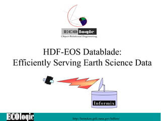 HDF-EOS Datablade:
Efficiently Serving Earth Science Data

http://heineken.gsfc.nasa.gov/hdfeos/

 