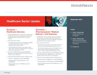 Duff & Phelps
Inside
3	Public Trading Data
Healthcare Services
Companies
11	Public Trading Data
Pharmaceuticals, Medical
Devices and Life Sciences
Companies
21	 Contact Us
September 2015
Summary –
Healthcare Services
•• The SP Healthcare Services Index has increased 8.6%
over the last three months, significantly outperforming
the SP 500 which decreased 6.4% over the last
3 months.
•• Over the past three months:
 The best performing sectors were Healthcare Staffing
(up 26.4%), Other Services (up 19.1%) and
Emergency Services (up 15.5%)
 The worst performing sectors were Assisted Living
(down 23%), Psychiatric Hospitals (down 17.2%), and
Diagnostic Imaging (down 13.5%)
•• The current median LTM revenue and LTM EBITDA
multiples for the Healthcare Services industry overall are
1.6x and 12.6x, respectively.
•• The sectors with the highest valuation multiples include:
 HCIT (3.7x LTM Revenue, 20.0x LTM EBITDA)
 Healthcare REITs (12.8x LTM Revenue, 16.4x
LTM EBITDA)
 Emergency Services (3.7x LTM Revenue, 27.6x
LTM EBITDA)
Healthcare Sector Update
Summary –
Pharmaceutical / Medical
Devices / Life Sciences
•• The SP 500 – Pharmaceuticals, Biotechnology  Life
Sciences Index has declined 6.4% over the last three
months, performing in line with the SP 500, which also
declined 6.4% over the last three months.
•• Over the past three months:
 The best performing sectors were Infection Prevention
Devices (up 1.2%) and Dental Devices (up 0.7%)
 The worst performing sectors were Lab Instrument and
Devices (down 15.6%), Ophthalmology Devices
(down 12.7%) and Pharmaceuticals (down 11.6%)
•• The current median LTM revenue and LTM EBITDA multiples
for the Pharmaceutical / Medical Device / Life Science
industry overall are 3.5x and 14.4x, respectively.
•• The sectors with the highest valuation multiples include:
 Biotechnology (7.9x LTM Revenue, 13.9x LTM EBITDA)
 Pharmaceuticals (4.9x LTM Revenue, 15.8x LTM EBITDA)
 Large-Cap Pharmaceuticals (5.3x LTM Revenue, 17.3x
LTM EBITDA)
 