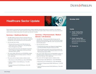 Duff & Phelps
Inside
3	Public Trading Data
Healthcare Services
Companies
11	Public Trading Data
Pharmaceuticals, Medical
Devices and Life Sciences
Companies
21	 Contact Us
October 2015
Summary – Healthcare Services
•• The SP Healthcare Services Index has declined 3.9% over
the last three months; however, it has continued to outperform
the SP 500, which declined 6.9% over the same period.
•• Over the past three months:
 The best performing sectors were Other Services (up
14.6%), Home Care / Hospice (up 1.1%) and Physician
Practice Management (up 0.8%)
 The worst performing sectors were Assisted Living (down
26.0%), Diagnostic Imaging (down 24.0%) and Clinical
Laboratories (down 22.0%)
•• The current median LTM revenue and LTM EBITDA multiples
for the Healthcare Services industry overall are 1.53x and
12.5x, respectively.
•• The sectors with the highest valuation multiples include:
 Other Services (2.78x LTM Revenue, 28.5x LTM EBITDA)
 Healthcare REITs (11.84x LTM Revenue, 17.0x LTM
EBITDA)
 Emergency Services (3.19x LTM Revenue, 23.4x LTM
EBITDA)
Healthcare Sector Update
Summary – Pharmaceuticals / Medical
Devices / Life Sciences
•• The SP 500 – Pharmaceuticals, Biotechnology and Life
Sciences Index has declined 11.3% over the last three months,
performing worse than the SP 500, which has declined 6.9%
over the same period.
•• Over the past three months:
 The best performing sectors were Diagnostic Imaging Devices
(up 3.4%) and Infection Prevention Devices (up 3.2%)
 The worst performing sectors were Lab Instrumentation and
Devices (down 26.6%), Surgical Devices (down 24.1%) and
Pharmaceuticals (down 23.4%)
•• The current median LTM revenue and LTM EBITDA multiples for
the Pharmaceutical / Medical Device / Life Science industry
overall are 3.23x and 13.6x, respectively.
•• The sectors with the highest valuation multiples include:
 Biotechnology (7.26x LTM Revenue, 13.9x LTM EBITDA)
 Dental Devices (3.13x LTM Revenue, 19.5x LTM EBITDA)
 Life Science Conglomerates (3.68x LTM Revenue, 17.2x LTM
EBITDA)
 Large-Cap Pharmaceuticals (5.05x LTM Revenue, 16.6x LTM
EBITDA)
Recent political commentary that forecast potential policy changes negatively impacted share prices for companies in the healthcare
industry. This is reflected in the relative performance of these sectors versus the broader market. Further election year policy discussions
could continue to impact share prices in the sector over the next 12 months.
 