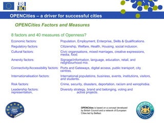 OPENCities Factors and Measures 8 factors and 40 measures of Openness? Economic factors: Population, Employment, Enterprise, Skills & Qualifications.  Regulatory factors:  Citizenship, Welfare, Health, Housing, social inclusion.  Cultural factors:  Civic organisations, mixed marriages, creative expressions,  media, food. Amenity factors: Signage/information, language, education, retail, and  neighbourhood mix.  Connectivity/Accessibility factors:  Ports and Gateways, digital access, public transport, city    centres.  Internationalisation factors:  International populations, business, events, institutions, visitors,  and students. Risk factors:  Crime, security, disasters, deportation, racism and xenophobia.  Leadership factors:  Diversity strategy, brand and belonging, voting and representation,    active projects.  