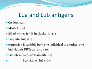 Lua and Lub antigens
 Co dominant
 Most- lu(b+)
 8% of whites & 5 % in blacks- lu(a+)
 Lua/lub= his77arg
 expression is variable from one individual to another; one
individual’s RBCs can also vary.
 Lub sites= 1640 -4070 on lu(a-b+)
 850-1820 on lu( a+b+)
 