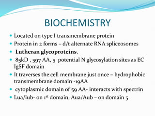 BIOCHEMISTRY
 Located on type I transmembrane protein
 Protein in 2 forms – d/t alternate RNA spliceosomes
 Lutheran glycoproteins.
 85kD , 597 AA, 5 potential N glycosylation sites as EC
IgSF domain
 It traverses the cell membrane just once – hydrophobic
transmembrane domain -19AA
 cytoplasmic domain of 59 AA- interacts with spectrin
 Lua/lub- on 1st domain, Aua/Aub – on domain 5
 