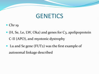 GENETICS
 Chr 19
 (H, Se, Le, LW, Oka) and genes for C3, apolipoprotein
C-II (APO), and myotonic dystrophy
 Lu and Se gene (FUT2) was the ﬁrst example of
autosomal linkage described
 