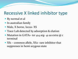 Recessive X linked inhibitor type
 By normal et al
 In australian family
 Male, X borne, locus- XS
 Trace Lub detected by adsorption & elution
 Mutation in GATA1- ter 414 arg- 41 aa extra @ c
terminal
 XS1 – common allele, XS2- rare inhibitor that
suppresses in hemi azygous state
 