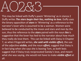 AO2&3This	
  may	
  be	
  linked	
  with	
  Duﬀy’s	
  poem	
  'Wintering'	
  as	
  in	
  stanza	
  2	
  
Duﬀy	
  writes	
  The	
  stars	
  begin	
  their	
  lies,	
  nothing	
  to	
  lose.	
  Duﬀy	
  uses	
  
the	
  binary	
  opposiBon	
  of	
  stars	
  in	
  'Wintering'	
  as	
  a	
  reference	
  to	
  the	
  
narrator’s	
  lover	
  who	
  is	
  assumed	
  to	
  be	
  a	
  woman.	
  Women	
  were	
  
believed	
  to	
  be	
  conducted	
  by	
  the	
  moon	
  and	
  stars	
  and	
  men	
  by	
  the	
  
sun,	
  thus	
  the	
  reference	
  to	
  the	
  stars	
  paired	
  with	
  the	
  noun	
  lies	
  is	
  
suggesBve	
  that	
  the	
  lover	
  has	
  lied	
  to	
  the	
  narrator	
  about	
  how	
  much	
  
they	
  really	
  do	
  love	
  them.	
  	
  This	
  can	
  be	
  linked	
  with	
  Daisy	
  in	
  Chapter	
  
7,	
  as	
  when	
  Fitzgerald	
  writes,	
  she	
  said	
  with	
  visible	
  eﬀort,	
  the	
  use	
  
of	
  the	
  adjecBve	
  visible,	
  and	
  the	
  noun	
  eﬀort,	
  suggest	
  that	
  Daisy	
  is	
  
in	
  fact	
  lying	
  when	
  she	
  says	
  she	
  is	
  leaving	
  Tom,	
  as	
  both	
  lexis	
  
suggest	
  that	
  if	
  Daisy	
  truly	
  reciprocated	
  Gatsby’s	
  love,	
  and	
  meant	
  
what	
  she	
  was	
  saying,	
  she	
  would	
  not	
  have	
  to	
  make	
  visible	
  eﬀort	
  at	
  
all.	
  	
  
 