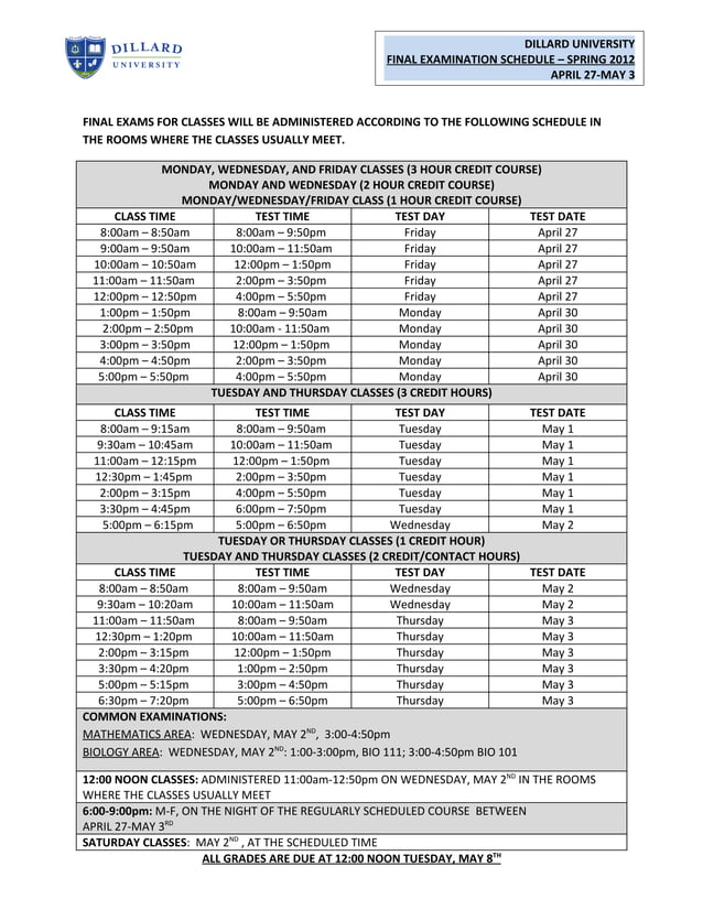Dillard University Final Exam Schedule Spring 2012