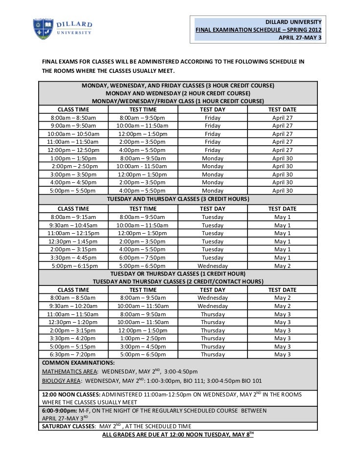 Dillard University Final Exam Schedule Spring 2012