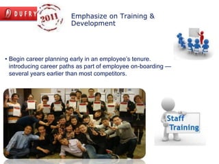 Emphasize on Training &
                       Development




• Begin career planning early in an employee’s tenure.
  introducing career paths as part of employee on-boarding —
  several years earlier than most competitors.
 