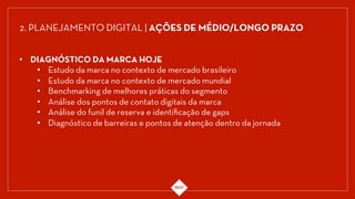 •  DIAGNÓSTICO DA MARCA HOJE
•  Estudo da marca no contexto de mercado brasileiro
•  Estudo da marca no contexto de mercado mundial
•  Benchmarking de melhores práticas do segmento
•  Análise dos pontos de contato digitais da marca
•  Análise do funil de reserva e identiﬁcação de gaps
•  Diagnóstico de barreiras e pontos de atenção dentro da jornada
2. PLANEJAMENTO DIGITAL | AÇÕES DE MÉDIO/LONGO PRAZO
 