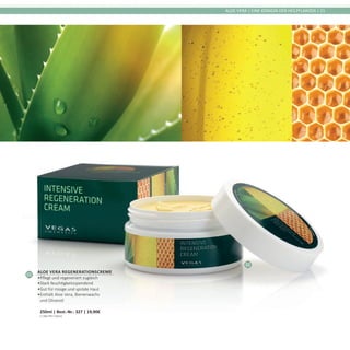 02
ALOE VERA | EINE KÖNIGIN DER HEILPFLANZEN | 21
02
Aloe Vera Regenerationscreme
•	Pflegt und regeneriert zugleich
•	Stark feuchtigkeitsspendend
•	Gut für rissige und spröde Haut
•	Enthält Aloe Vera, Bienenwachs
und Olivenöl	
250ml | Best.-Nr.: 327 | 19,90€	
(7,96€ PRO 100ml)
 