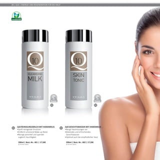 01 02
DERMATO
LOGICALLYCO
NFIRMED
DERMATO
LOGICALLYCO
NFIRMED
28 | Q10 | ENERGIE UND REGENERATION FÜR DIE HAUT
01
Q10 Reinigungsmilch mit Hamamelis
•	Sanft reinigende Emulsion
•	Entfernt schonend Make-up Reste
•	Reinigt porentief und spendet
zugleich Feuchtigkeit	
200ml | Best.-Nr.: 401 | 17,50€	
(8,75€ PRO 100ml)
02
Q10 Gesichtswasser mit Hamamelis
•	Beugt Hautreizungen vor
•	Klärendes und erfrischendes
Gesichtswasser
•Optimal auch bei empfindlicher Haut	
200ml | Best.-Nr.: 402 | 17,50€	
(8,75€ PRO 100ml)
 