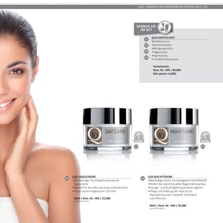 03 04
DERMATO
LOGICALLYCO
NFIRMED
DERMATO
LOGICALLYCO
NFIRMED
Q10 | ENERGIE UND REGENERATION FÜR DIE HAUT | 29
Q10 Vorteilsset
Bestehend aus:
•	Gesichtswasser
•	Reinigungsmilch
•	Tagescreme
•	Nachtcreme
•	+ Gratis Kulturbeutel	
Vorteilspreis:	
Best.-Nr.: 499 | 80,00€	
(Sie sparen: 6,00€)
01
02
03
04
Sparen Sie
im Set
03
Q10 Tagescreme
•	Hochwertige, feuchtigkeitsspendende
Tagescreme
•	Speziell für die reife und anspruchsvolle Haut
•	Schutz durch eingebauten UV-Filter	
50ml | Best.-Nr.: 403 | 25,00€	
(50,00€ PRO 100ml)
04
Q10 Nachtcreme
•	ReichhaltigeCreme,mithauteigenemQ10Wirkstoff
•	Fördert die natürliche aktive Regenerationsphase
•	Energie- und feuchtigkeitsspendend zugleich
•	Pflege und Glättung der Haut durch
Macadamianussöl, Jojobaöl, Avocadoöl
und Pfirsichöl	
50ml | Best.-Nr.: 404 | 26,00€	
(52,00€ PRO 100ml)
 