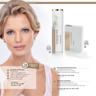 01
02DERMATO
LOGICALLYCO
NFIRMED
DERMATO
LOGICALLYCO
NFIRMED
34 | HYALURON CARE | SUPERLATIVES PFLEGEKONZEPT
01
Hyaluron Reinigungsschaum
•	Cremiger Reinigungsschaum
•	Reinigt die Haut sanft und effektiv
•	Bewahrt die Haut vor Feuchtigkeitsverlust	
150ml | Best.-Nr.: 420 | 24,50€	
(16,66€ PRO 100ml)
02
Hyaluron Augenpads
•	Intensiv straffende Augenpads
•	Enthält hochwertiges marines Collagen
•	Als Monatskur die optimale Ergänzung zur Eye Cream	
5 x 2 Pads à 8g | Best.-Nr.: 424 | 37,50€	
(120,00€ PRO 100ml)
Hyaluron Vorteilsset
Bestehend aus:
•	Hyaluron Reinigungsschaum
•	Hyaluron Lifting Tag- und Nachtserum
•	Hyaluron Tag- und Nachtcreme
•	Hyaluron Augencreme
•	+ Gratis Kulturbeutel	
Vorteilspreis:	
Best.-Nr.: 429 | 125,00€	
(Sie sparen: 7,50€)
01
03
04
05
Sparen Sie
im Set
 