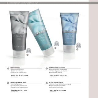 01
02
03
DERMATO
LOGICALLYCO
NFIRMED
DERMATO
LOGICALLYCO
NFIRMED
DERMATO
LOGICALLYCO
NFIRMED
42 | SENSITIVE CONCEPT | SANFTE PFLEGE FÜR DIE HAUT
01
Reinigungsgel
•	Effektive Hautreinigung
•	Entfernt Unreinheiten
•	Linderung bei irritierter Haut	
150ml | Best.-Nr.: 514 | 16,50€	
(11,00€ PRO 100ml)
02
Erfrischendes Gel Tonic
•	Optimal nach dem Reinigungsgel
•	Wirkt beruhigend durch Allantoin
•	Antimikrobielle Wirkung	
150ml | Best.-Nr.: 515 | 16,50€	
(11,00€ PRO 100ml)
03
Serum für unreine Haut
•	Intensivpflegeserum
•	Gut bei extrem gereizter Haut
•	Regulierung der Talgproduktion	
50ml | Best.-Nr.: 516 | 19,90€	
(39,80€ PRO 100ml)
04
24 Std. Gesichtscreme
•	Optimale Pflege nach der Hautreinigung
•	Talgregulierende Eigenschaften
•	Optimal bei Problemhaut	
50ml | Best.-Nr.: 517 | 19,90€	
(39,80€ PRO 100ml)
 