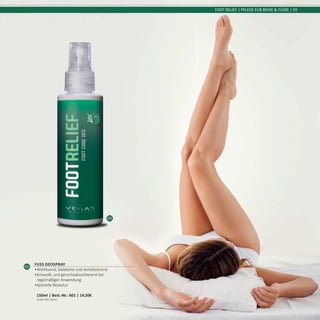 03
FOOT RELIEF | PFLEGE FÜR BEINE & FÜSSE | 59
03
Fuss Deospray
•	Wohltuend, belebend und revitalisierend
•	Schweiß- und geruchsabsorbierend bei
regelmäßiger Anwendung
•	Spezielle Rezeptur	
150ml | Best.-Nr.: 601 | 14,50€	
(9,66€ PRO 100ml)
 