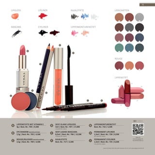 A
B
C
D
E
F
G
HI
36 34 01
21 19 29
13 14 12
04
10 39 37
23 13 38
01 02 01 02
01 04 0502
24
13
11
22
23
25
71
A
Lippenstifte mit Vitamin E
4g | Best.-Nr.: 704 | 9,50€
Eye Shadow (Nachfüllsystem)
2,5g | Best.-Nr.: 703 | 4,50€
Rouge/Blusher (Nachfüllsystem)
2,5g | Best.-Nr.: 709 | 4,50€
B
C
D
Sexy Glanz Lipgloss
5ml | Best.-Nr.: 707 | 17,00€
SEXY LASHES MASCARA
8,5ml | Best.-Nr.: 706 | 13,50€
Kajalstifte
Best.-Nr.: 717 | 5,50€
E
F
G
Lippenkonturenstift
Best.-Nr.: 716 | 5,50€
Permanent Lipliner
1,5ml | Best.-Nr.: 726 | 8,50€
Permanent Eyeliner
1,5ml | Best.-Nr.: 725 | 8,50€
H
I
Rouge
Lidschatten
EYELINER
LIPGLOSS LIPLINER Kajalstifte
Lippenkonturenstift
Lippenstift
Mascara
(250,00€ PRO 100ml)
(637,00€ PRO 100ml)
(742,00€ PRO 100ml)
Video mit
Anwendungstipps für
das perfekte Make-up
VIDEO
Lesen Sie diesen QR-Code oder besuchen Sie uns auf: www.vegascosmetics.de
(158,82€ PRO 100ml)
 