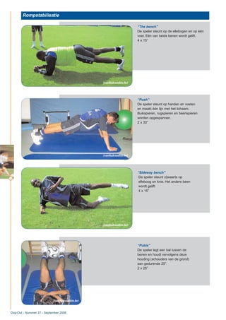 10
Rompstabilisatie
Dug-Out - Nummer 37 - September 2006
“The bench”
De speler steunt op de ellebogen en op één
voet. Eén van beide benen wordt gelift.
4 x 15”
“Push”
De speler steunt op handen en voeten
en maakt één lijn met het lichaam.
Buikspieren, rugspieren en beenspieren
worden opgespannen.
2 x 30”
“Sideway bench”
De speler steunt zijwaarts op
elleboog en knie. Het andere been
wordt gelift.
4 x 15”
“Pubis”
De speler legt een bal tussen de
benen en houdt vervolgens deze
houding (schouders van de grond)
aan gedurende 25”.
2 x 25”
(voetbalconditie.be)
(voetbalconditie.be)
(voetbalconditie.be)
(voetbalconditie.be)
 
