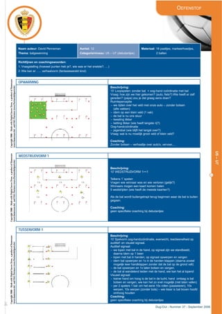 OEFENSTOF
OPWARMING
Beschrijving:
15’ Loopspelen: zonder bal + oog-hand coördinatie met bal
Vraag: hoe zijn we hier gekomen? (auto, fiets?) Wie heeft er zelf
gereden? (papa) zou je dat graag eens doen?
Ruimteperceptie
– we rijden over het veld met onze auto – zonder botsen
(alle vakken)
– idem op een klein veld (1 vak)
– de bal is nu ons stuur
– tweeling tikker
– ketting tikker (wie heeft langste rij?)
Oog-handcoördinatie
– jagersbal (wie blijft het langst over?)
Vraag: wat is nu moeilijk groot veld of klein veld?
Coaching:
Zonder botsen – verhaaltje over auto’s, vervoer,…
WEDSTRIJDVORM 1
Beschrijving:
10’ WEDSTRIJDVORM 1><1
Telkens 1’ spelen
Vragen wie winnaar was en wie verloren (gelijk?)
Winnaars mogen een kaart komen halen
9 wedstrijden (wie heeft de meeste kaarten?)
Als de bal wordt buitengetrapt terug beginnen waar de bal is buiten
gegaan.
Coaching:
geen specifieke coaching bij debutantjes
TUSSENVORM 1
Beschrijving:
10’ Spelvorm oog-handcoördinatie, evenwicht, reactiesnelheid op
auditief- en visueel signaal.
Auditief signaal:
– we lopen met bal in de hand, op signaal zijn we standbeeld,
daarna idem op 1 been
– lopen met bal in handen, op signaal opwerpen en vangen
– idem bal opwerpen en 1x in de handen klappen (daarna zoveel
mogelijk keer handklappen zonder dat de bal op de grond valt)
– de bal opwerpen en 1x laten botsen en vangen.
– de bal al wandelend leiden met de hand, wie kan het al lopend
Visueel signaal:
– trainer hand om hoog is de bal in de lucht, hand omlaag is bal
botsen en vangen, wie kan het zo snel mogelijk (niet laten vallen)
– per 2 spelers 1 bal: om het eerst 10x rollen (paaseieren), 10x
werpen, 10x werpen (zonder bots) – wie klaar is bal boven hoofd
omhoog houden
Coaching:
geen specifieke coaching bij debutantjes
£
19
Naam auteur: David Penneman
Thema: balgewenning
Aantal: 12
Categorie/niveau: U5 – U7 (debutantjes)
Materiaal: 18 paaltjes, markeerhoedjes,
2 ballen
Richtlijnen en coachingswoorden:
1. Vraagstelling (hoeveel punten heb je?, wie was er het snelste?, …)
2. Wie kan er …., verhaalvorm (fantasiewereld kind)
Dug-Out - Nummer 37 - September 2006
U5–U7
Copyright2006–MadewithDigitalSoccerDraw,aproductofHomeware
(www.homeware.be)andF&GPartners(www.PartnersInSports.be)
Copyright2006–MadewithDigitalSoccerDraw,aproductofHomeware
(www.homeware.be)andF&GPartners(www.PartnersInSports.be)
Copyright2006–MadewithDigitalSoccerDraw,aproductofHomeware
(www.homeware.be)andF&GPartners(www.PartnersInSports.be)
 