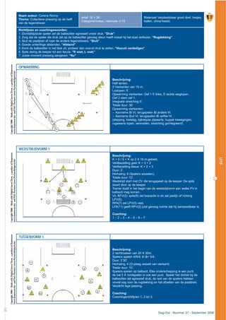 Dug-Out - Nummer 37 - September 2006
OPWARMING
Beschrijving:
Half terrein.
2 Vierkanten van 15 m.
Loslopen: 5’.
Opwarming vierkanten: Oef 1 5’ links, 5’ rechts weglopen.
Oef 2 idem oef 1.
Integratie stretching 5’.
Totale duur: 30’
Opwarming vierkanten:
– Aanname Bi Vt, terugspelen Bi andere Vt.
– Aanname Buit Vt, terugspelen Bi zelfde Vt.
(skipping, hielslag, bijtrekpas zijwaarts, huppel bewegingen,
rugwaarts lopen, versnellen, stretching geïntegreerd)
WEDSTRIJDVORM 1
Beschrijving:
K + 5 / 5 + K op 2 X 16 m-gebied.
Veldbezetting geel: K + 3 + 2
Veldbezetting blauw: K + 2 + 3
Duur: 2’.
Herhaling: 6 (Spelers wisselen).
Totale duur: 12’.
Wedstrijd start met CV die terugspeelt op de keeper. De spits
stoort door op de keeper.
Trainer duidt in het begin van de wedstrijdvorm aan welke FV in
balbezit mag komen.
Vb. RFV(2): spits(9) zet loopactie in en zet paslijn af richting
LFV(5).
RFA(7) zet LFV(5) vast.
LFA(11) geeft RFV(2) juist genoeg ruimte dat hij aanspeelbaar is.
Coaching:
1 – 2 – 3 – 4 – 5 – 6 – 7
TUSSENVORM 1
Beschrijving:
2 rechthoeken van 20 X 30m.
Spelers spelen 4/N/4. In B+ 5/4.
Duur: 2’30”.
Herhaling: 4 (O-ploeg wisselt van vierkant).
Totale duur: 10’.
Spelers spelen op balbezit. Elke onderschepping is een punt;
de bal 5 X rondspelen is ook een punt. Speler het dichtst bij de
balbezitter zet agressief druk, de rest van de spelers hebben
vooral oog voor de rugdekking en het afzetten van de paslijnen.
Verplicht lage passing.
Coaching:
Coachingsrichtlijnen 1, 2 en 3.
£
21
Naam auteur: Corens Ronny
Thema: Collectieve pressing op de helft
van de tegenstrever
antal: 16 + 2K
Categorie/niveau: nationale U-15
Materiaal: Verplaatsbaar groot doel, hesjes,
ballen, china-heads
Richtlijnen en coachingswoorden:
1. Dichtstbijzijnde speler zet de balbezitter agressief onder druk. “Druk”
2. Zorg dat de speler die druk zet op de balbezitter genoeg steun heeft moest hij het duel verliezen. “Rugdekking”
3. Sluit de paslijnen af naar de andere tegenstrevers. “Sluit”
4. Goede onderlinge afstanden. “Afstand”
5. Eens de balbezitter in het blok zit, probeer dan vooruit druk te zetten. “Vooruit verdedigen”
6. Spits dwing de keeper tot een keuze. “R voet, L voet.”
7. Juiste moment pressing aangeven. “Nu”
U15
Copyright2006–MadewithDigitalSoccerDraw,aproductofHomeware
(www.homeware.be)andF&GPartners(www.PartnersInSports.be)
Copyright2006–MadewithDigitalSoccerDraw,aproductofHomeware
(www.homeware.be)andF&GPartners(www.PartnersInSports.be)
Copyright2006–MadewithDigitalSoccerDraw,aproductofHomeware
(www.homeware.be)andF&GPartners(www.PartnersInSports.be)
 
