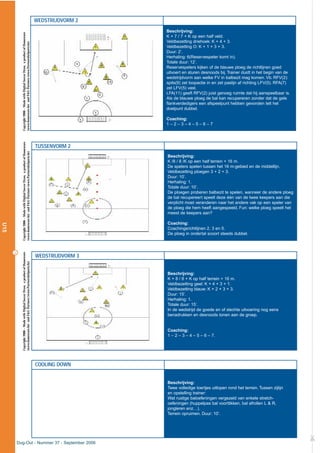 22
WEDSTRIJDVORM 2
Beschrijving:
K + 7 / 7 + K op een half veld.
Veldbezetting driehoek: K + 4 + 3.
Veldbezetting O: K + 1 + 3 + 3.
Duur: 2’.
Herhaling: 6(Reservespeler komt in).
Totale duur: 12’.
Reservespelers kijken of de blauwe ploeg de richtlijnen goed
uitvoert en sturen desnoods bij. Trainer duidt in het begin van de
wedstrijdvorm aan welke FV in balbezit mag komen. Vb. RFV(2):
spits(9) zet loopactie in en zet paslijn af richting LFV(5). RFA(7)
zet LFV(5) vast.
LFA(11) geeft RFV(2) juist genoeg ruimte dat hij aanspeelbaar is.
Als de blauwe ploeg de bal kan recupereren zonder dat de gele
flankverdedigers een afspeelpunt hebben gevonden telt het
doelpunt dubbel.
Coaching:
1 – 2 – 3 – 4 – 5 – 6 – 7
TUSSENVORM 2
Beschrijving:
K /8 / 8 /K op een half terrein + 16 m.
De spelers spelen tussen het 16 m-gebied en de middellijn.
Veldbezetting ploegen 3 + 2 + 3.
Duur: 10’.
Herhaling: 1.
Totale duur: 10’.
De ploegen proberen balbezit te spelen, wanneer de andere ploeg
de bal recupereert speelt deze één van de twee keepers aan die
verplicht moet veranderen naar het andere vak op een speler van
de ploeg die hem heeft aangespeeld. Fun: welke ploeg speelt het
meest de keepers aan?
Coaching:
Coachingsrichtlijnen 2, 3 en 5.
De ploeg in ondertal scoort steeds dubbel.
WEDSTRIJDVORM 3
Beschrijving:
K + 8 / 8 + K op half terrein + 16 m.
Veldbezetting geel: K + 4 + 3 + 1.
Veldbezetting blauw: K + 2 + 3 + 3.
Duur: 15’.
Herhaling: 1.
Totale duur: 15’.
In de wedstrijd de goede en of slechte uitvoering nog eens
benadrukken en desnoods tonen aan de groep.
Coaching:
1 – 2 – 3 – 4 – 5 – 6 – 7.
COOLING DOWN
Beschrijving:
Twee volledige toertjes uitlopen rond het terrein. Tussen zijlijn
en opstelling trainer:
Wat rustige baloefeningen vergezeld van enkele stretch-
oefeningen (huppelpas bal voorttikken, bal afrollen L & R,
jongleren enz…).
Terrein opruimen. Duur: 10’.
£
U15
Dug-Out - Nummer 37 - September 2006
Copyright2006–MadewithDigitalSoccerDraw,aproductofHomeware
(www.homeware.be)andF&GPartners(www.PartnersInSports.be)
Copyright2006–MadewithDigitalSoccerDraw,aproductofHomeware
(www.homeware.be)andF&GPartners(www.PartnersInSports.be)
Copyright2006–MadewithDigitalSoccerDraw,aproductofHomeware
(www.homeware.be)andF&GPartners(www.PartnersInSports.be)
 