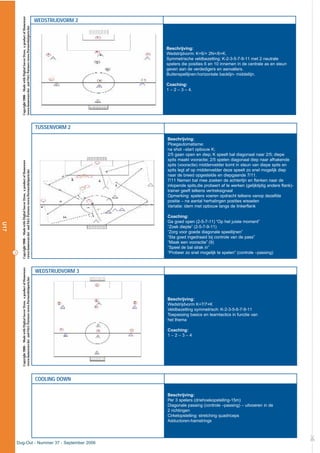 30
WEDSTRIJDVORM 2
Beschrijving:
Wedstrijdvorm: K+6/+ 2N+/6+K.
Symmetrische veldbezetting: K-2-3-5-7-9-11 met 2 neutrale
spelers die posities 6 en 10 innemen in de centrale as en steun
geven aan de verdedigers en aanvallers.
Buitenspellijnen:horizontale backlijn- middellijn.
Coaching:
1 – 2 – 3 – 4.
TUSSENVORM 2
Beschrijving:
Ploegautomatisme:
na shot –start opbouw K;
2/5 gaan open en diep; K speelt bal diagonaal naar 2/5; diepe
spits maakt vooractie; 2/5 spelen diagonaal diep naar afhakende
spits (vooractie) middenvelder komt in steun van diepe spits en
spits legt af op middenvelder deze speelt zo snel mogelijk diep
naar de breed opgestelde en diepgaande 7/11.
7/11 Nemen bal mee zoeken de achterlijn en flanken naar de
inlopende spits,die probeert af te werken (gelijktijdig andere flank)-
trainer geeft telkens vertreksignaal
Opmerking: spelers voeren opdracht telkens vanop dezelfde
positie – na aantal herhalingen posities wisselen
Variatie: idem met opbouw langs de linkerflank
Coaching:
Ga goed open (2-5-7-11) “Op het juiste moment”
“Zoek diepte” (2-5-7-9-11)
“Zorg voor goede diagonale speellijnen”
“Sta goed ingedraaid bij controle van de pass”
“Maak een vooractie” (9)
“Speel de bal strak in”
“Probeer zo snel mogelijk te spelen” (controle –passing)
WEDSTRIJDVORM 3
Beschrijving:
Wedstrijdvorm K+7/7+K
Veldbezetting symmetrisch: K-2-3-5-6-7-9-11
Toepassing basics en teamtactics in functie van
het thema
Coaching:
1 – 2 – 3 – 4
COOLING DOWN
Beschrijving:
Per 3 spelers (driehoekopstelling-15m)
Diagonale passing (controle –passing) – uitvoeren in de
2 richtingen
Cirkelopstelling: stretching quadriceps
Adductoren-hamstrings
U17
£
Dug-Out - Nummer 37 - September 2006
Copyright2006–MadewithDigitalSoccerDraw,aproductofHomeware
(www.homeware.be)andF&GPartners(www.PartnersInSports.be)
Copyright2006–MadewithDigitalSoccerDraw,aproductofHomeware
(www.homeware.be)andF&GPartners(www.PartnersInSports.be)
Copyright2006–MadewithDigitalSoccerDraw,aproductofHomeware
(www.homeware.be)andF&GPartners(www.PartnersInSports.be)
 