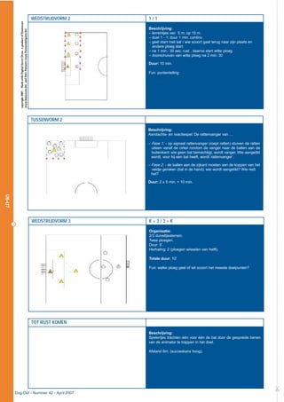 Dug-Out - Nummer 42 - April 2007
20
U6-U7
£
WEDSTRIJDVORM 2 1 / 1
Beschrijving:
– terreintjes van 5 m. op 15 m.
– duel 1 - 1: duur 1 min. continu
– geel start met bal / wie scoort gaat terug naar zijn plaats en
andere ploeg start
– na 1 min.: 30 sec. rust , daarna start witte ploeg
– doorschuiven van witte ploeg na 2 min. 30
Duur: 10 min.
Fun: puntentelling
copyright2007–MadewithDigitalSoccerDraw,aproductofHomeware
(www.homeware.be)andF&GPartners(www.PartnersInSports.be)
TUSSENVORM 2
Beschrijving:
Aandachts- en reactiespel: De rattenvanger van …
– Fase 1: - op signaal rattenvanger (roept ratten) stuiven de ratten
uiteen vanaf de cirkel rondom de vanger naar de ballen aan de
buitenkant: wie geen bal bemachtigt, wordt vanger. Wie aangetikt
wordt, voor hij een bal heeft, wordt ‘rattenvanger’.
– Fase 2: - de ballen aan de zijkant moeten aan de koppen van het
veldje geraken (bal in de hand): wie wordt aangetikt? Wie redt
het?
Duur: 2 x 5 min. = 10 min.
WEDSTRIJDVORM 3 K + 3 / 3 + K
Organisatie:
2/3 duiveltjesterrein.
Twee ploegen.
Duur: 5’.
Herhaling: 2 (ploegen wisselen van helft).
Totale duur: 10’
Fun: welke ploeg geel of wit scoort het meeste doelpunten?
TOT RUST KOMEN
Beschrijving:
Spelertjes trachten één voor één de bal door de gespreide benen
van de animator te trappen in het doel.
Afstand 6m. (succeskans hoog).
 