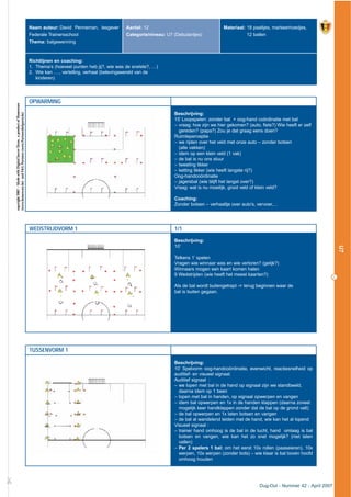 OPWARMING
Beschrijving:
15’ Loopspelen: zonder bal + oog-hand coördinatie met bal
– vraag: hoe zijn we hier gekomen? (auto, fiets?) Wie heeft er zelf
gereden? (papa?) Zou je dat graag eens doen?
Ruimteperceptie
– we rijden over het veld met onze auto – zonder botsen
(alle vakken)
– idem op een klein veld (1 vak)
– de bal is nu ons stuur
– tweeling tikker
– ketting tikker (wie heeft langste rij?)
Oog-handcoördinatie
– jagersbal (wie blijft het langst over?)
Vraag: wat is nu moeilijk, groot veld of klein veld?
Coaching:
Zonder botsen – verhaaltje over auto’s, vervoer,…
WEDSTRIJDVORM 1 1/1
Beschrijving:
10’
Telkens 1’ spelen
Vragen wie winnaar was en wie verloren? (gelijk?)
Winnaars mogen een kaart komen halen
9 Wedstrijden (wie heeft het meest kaarten?)
Als de bal wordt buitengetrapt -> terug beginnen waar de
bal is buiten gegaan.
TUSSENVORM 1
Beschrijving:
10’ Spelvorm oog-handcoördinatie, evenwicht, reactiesnelheid op
auditief- en visueel signaal.
Auditief signaal :
– we lopen met bal in de hand op signaal zijn we standbeeld,
daarna idem op 1 been
– lopen met bal in handen, op signaal opwerpen en vangen
– idem bal opwerpen en 1x in de handen klappen (daarna zoveel
mogelijk keer handklappen zonder dat de bal op de grond valt)
– de bal opwerpen en 1x laten botsen en vangen
– de bal al wandelend leiden met de hand, wie kan het al lopend
Visueel signaal :
– trainer hand omhoog is de bal in de lucht, hand omlaag is bal
botsen en vangen, wie kan het zo snel mogelijk? (niet laten
vallen)
– Per 2 spelers 1 bal: om het eerst 10x rollen (paaseieren), 10x
werpen, 10x werpen (zonder bots) – wie klaar is bal boven hoofd
omhoog houden
£
21
Naam auteur: David Penneman, lesgever
Federale Trainersschool
Thema: balgewenning
Aantal: 12
Categorie/niveau: U7 (Debutantjes)
Materiaal: 18 paaltjes, markeerhoedjes,
12 ballen
Richtlijnen en coaching:
1. Thema’s (hoeveel punten heb jij?, wie was de snelste?, …)
2. Wie kan …., vertelling, verhaal (belevingswereld van de
kinderen)
Dug-Out - Nummer 42 - April 2007
U7
copyright2007–MadewithDigitalSoccerDraw,aproductofHomeware
(www.homeware.be)andF&GPartners(www.PartnersInSports.be)
 