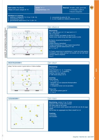 29
Dug-Out - Nummer 42 - April 2007
U19
OPWARMING [6’ + 2’] x 2 + 6’
Beschrijving:
A) 1° deel met pos 2, 6, 7. 2° deel met 5, 8, 11
Pas- en trapvorm
Center in handen van keeper of naar 9 of 10
Spelers keren steeds terug naar eigen positie na actie
B) Daarna: dynamische lenigheid (2’)
Coaching:
Strakke passing: balsnelheid
Rustige verplaatsing, in 2° deel hogere loopsnelheid
Inspeelvoet, gerichte balaanname of 1 tijd
B+ 11: 7 en 11
C) Tussen opwarming en wedstrijdvorm 1 wordt van korte passing
overgegaan naar lange passing in de breedte van het veld (doel-
mannen oefenen dropshot)
Duur 6’
WEDSTRIJDVORM 1 [6’ + 2’] x 2’
Beschrijving:
K + 9/ K + 7
Ploeg driehoek in 4 – 2 – 3 opstelling
Ploeg cirkel in 2 – 2 – 3 opstelling
Doelman 9-tal start opbouw
2° helft wissel ploeg (2 en 5)
Coaching:
Ploeg driehoek
– 7, 11, 9 en 10
– aanspelen van de vrijstaande flankaanvallers
– strakke center
– in doelgebied komen van de aanvallers
Ploeg cirkel
– dek centrale spitsen goed af
– 2, 5 en 9
TUSSENVORM 1 [3’ + 1’] x 3
Beschrijving: vierkant 12 op 12 meter
Spelvorm: twee is teveel, drie is teveel
Één tikker jaagt op een speler
Als die zich bij een ander tweetal stelt wordt één van die de opge-
jaagde
Als de tikker de opgejaagde kan tikken wisselt hun rol
Coaching:
concentratie
snel wisselen
£
Naam auteur: Paul Mortier
Thema: eff. bezett. doelgeb. B+ 18
Aantal: 16 + 2
Categorie/niveau: U19
Materiaal: 18 ballen, potjes, groot doel,
2 minidoeltjes, 9 gele en
9 blauwe overgooiers
Richtlijnen en coaching:
1. plaatsing in doelgebied 7, 9, 10 en 11 (B+ 18)
2. samenwerking 10 en 9
3. georiënteerde balaanname (7 en 11) (B+ 13)
4. concentratie bij center (B+ 16)
5. zo snel mogelijk een doelkans afwerken (B+21)
copyright2007–MadewithDigitalSoccerDraw,aproductofHomeware
(www.homeware.be)andF&GPartners(www.PartnersInSports.be)
ploeg 7-tal kan scoren in groot doel en 2 kleine doeltjes
 