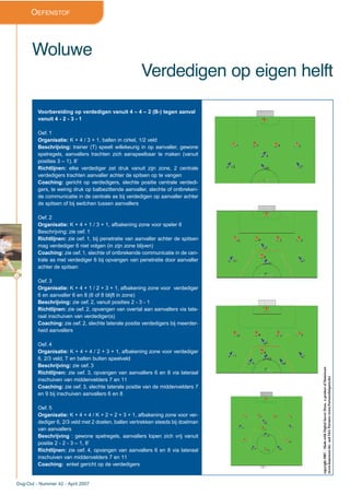 36
Dug-Out - Nummer 42 - April 2007
OEFENSTOF
Woluwe
Verdedigen op eigen helft
Voorbereiding op verdedigen vanuit 4 – 4 – 2 (B-) tegen aanval
vanuit 4 - 2 - 3 - 1
Oef. 1
Organisatie: K + 4 / 3 + 1, ballen in cirkel, 1/2 veld
Beschrijving: trainer (T) speelt willekeurig in op aanvaller, gewone
spelregels, aanvallers trachten zich aanspeelbaar te maken (vanuit
posities 3 – 1), 8’
Richtlijnen: elke verdediger zet druk vanuit zijn zone, 2 centrale
verdedigers trachten aanvaller achter de spitsen op te vangen
Coaching: gericht op verdedigers, slechte positie centrale verdedi-
gers, te weinig druk op balbezittende aanvaller, slechte of ontbreken-
de communicatie in de centrale as bij verdedigen op aanvaller achter
de spitsen of bij switchen tussen aanvallers
Oef. 2
Organisatie: K + 4 + 1 / 3 + 1, afbakening zone voor speler 6
Beschrijving: zie oef. 1
Richtlijnen: zie oef. 1, bij penetratie van aanvaller achter de spitsen
mag verdediger 6 niet volgen (in zijn zone blijven)
Coaching: zie oef. 1, slechte of ontbrekende communicatie in de cen-
trale as met verdediger 6 bij opvangen van penetratie door aanvaller
achter de spitsen
Oef. 3
Organisatie: K + 4 + 1 / 2 + 3 + 1, afbakening zone voor verdediger
6 en aanvaller 6 en 8 (6 of 8 blijft in zone)
Beschrijving: zie oef. 2, vanuit posities 2 - 3 - 1
Richtlijnen: zie oef. 2, opvangen van overtal aan aanvallers via late-
raal inschuiven van verdediger(s)
Coaching: zie oef. 2, slechte laterale positie verdedigers bij meerder-
heid aanvallers
Oef. 4
Organisatie: K + 4 + 4 / 2 + 3 + 1, afbakening zone voor verdediger
6, 2/3 veld, T en ballen buiten speelveld
Beschrijving: zie oef. 3
Richtlijnen: zie oef. 3, opvangen van aanvallers 6 en 8 via lateraal
inschuiven van middenvelders 7 en 11
Coaching: zie oef. 3, slechte laterale positie van de middenvelders 7
en 9 bij inschuiven aanvallers 6 en 8
Oef. 5
Organisatie: K + 4 + 4 / K + 2 + 2 + 3 + 1, afbakening zone voor ver-
dediger 6, 2/3 veld met 2 doelen, ballen vertrekken steeds bij doelman
van aanvallers
Beschrijving : gewone spelregels, aanvallers lopen zich vrij vanuit
positie 2 - 2 - 3 – 1, 8’
Richtlijnen: zie oef. 4, opvangen van aanvallers 6 en 8 via lateraal
inschuiven van middenvelders 7 en 11
Coaching: enkel gericht op de verdedigers
copyright2007–MadewithDigitalSoccerDraw,aproductofHomeware
(www.homeware.be)andF&GPartners(www.PartnersInSports.be)
 