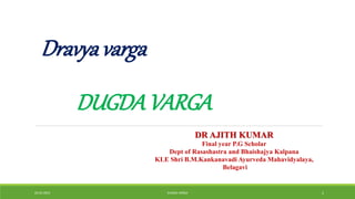 Dravyavarga
DUGDAVARGA
DR AJITH KUMAR
Final year P.G Scholar
Dept of Rasashastra and Bhaishajya Kalpana
KLE Shri B.M.Kankanavadi Ayurveda Mahavidyalaya,
Belagavi
02-02-2023 DUGDA VARGA 1
 