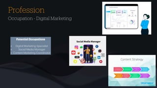 Profession
Occupation - Digital Marketing
Potenti
a
l Occup
a
tions
Digit
a
l M
a
rketing Speci
a
list
Soci
a
l Medi
a
M
a
n
a
ger
Content M
a
rketing Coordin
a
tor
 