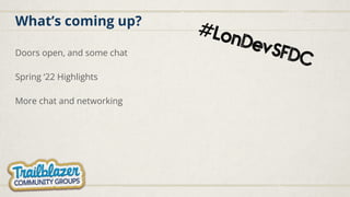 What’s coming up?
Doors open, and some chat
Spring ‘22 Highlights
More chat and networking
 