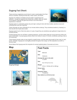 Dugong Fact Sheet:
These enormous vegetarians can be found in warm coastal waters from East
Africa to Australia, including the Red Sea, Indian Ocean, and Pacific.

Dugongs are related to manatees and are similar in appearance and
behavior— though the dugong's tail is fluked like a whale's. Both are related
to the elephant, although the giant land animal is not at all similar in
appearance or behavior.
Dugongs graze on underwater grasses day and night, rooting for them with their bristled, sensitive snouts and
chomping them with their rough lips.
These mammals can stay underwater for six minutes before surfacing. They sometimes breathe by "standing" on
their tail with their heads above water.
Dugongs spend much of their time alone or in pairs, though they are sometimes seen gathered in large herds of a
hundred animals.
Female dugongs have one calf after a yearlong pregnancy, and the mother helps her young reach the surface and
take its first breath. A young dugong remains close to its mother for about 18 months, sometimes catching a ride on
her broad back.

These languid animals make an easy target for coastal hunters, and they were long sought for their meat, oil, skin,
bones, and teeth. Dugongs are now legally protected throughout their range, but their populations are still in a
tenuous state.
Some believe that dugongs were the inspiration for ancient seafaring tales of mermaids and sirens.

Map                                                       Fast Facts
                                                          Type:
                                                                    Mammal
                                                          Diet:
                                                                    Herbivore
                                                          Average life span in the wild:
                                                                 70 years
                                                          Size:
                                                                    8 to 10 ft (2.4 to 3 m)
Dugong Range                                              Weight:
                                                                    510 to 1,100 lbs (231 to 499 kg)
                                                          Group name:
                                                                 Herd
                                                          Protection status:
                                                                  Threatened
                                                          Size relative to a 6-ft (2-m) man:
 