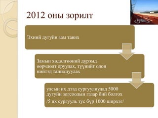 2012 оны зорилт

Эхний дугуйн зам тавих



    Замын хөдөлгөөний дүрэмд
    өөрчлөлт оруулах, түүнийг олон
    нийтэд танилцуулах


        улсын их дээд сургуулиудад 5000
        дугуйн зогсоолын газар бий болгох
        /5 их сургууль тус бүр 1000 ширхэг/
 