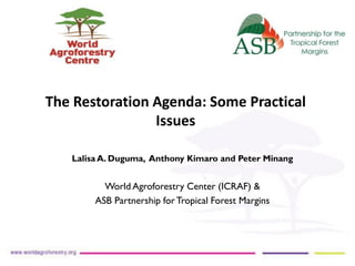 The Restoration Agenda: Some Practical
Issues
Lalisa A. Duguma, Anthony Kimaro and Peter Minang
World Agroforestry Center (ICRAF) &
ASB Partnership forTropical Forest Margins
 