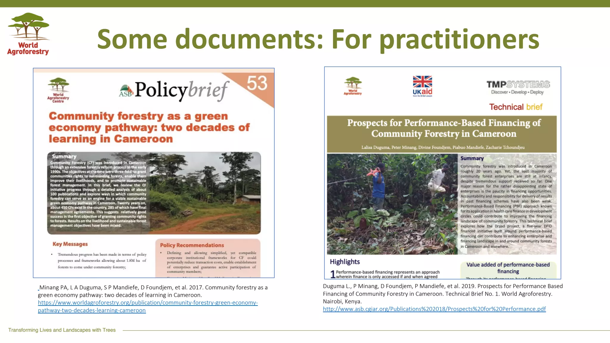 Transforming Lives and Landscapes with Trees
Some documents: For practitioners
Minang PA, L A Duguma, S P Mandiefe, D Foundjem, et al. 2017. Community forestry as a
green economy pathway: two decades of learning in Cameroon.
https://www.worldagroforestry.org/publication/community-forestry-green-economy-
pathway-two-decades-learning-cameroon
Duguma L., P Minang, D Foundjem, P Mandiefe, et al. 2019. Prospects for Performance Based
Financing of Community Forestry in Cameroon. Technical Brief No. 1. World Agroforestry.
Nairobi, Kenya.
http://www.asb.cgiar.org/Publications%202018/Prospects%20for%20Performance.pdf
 