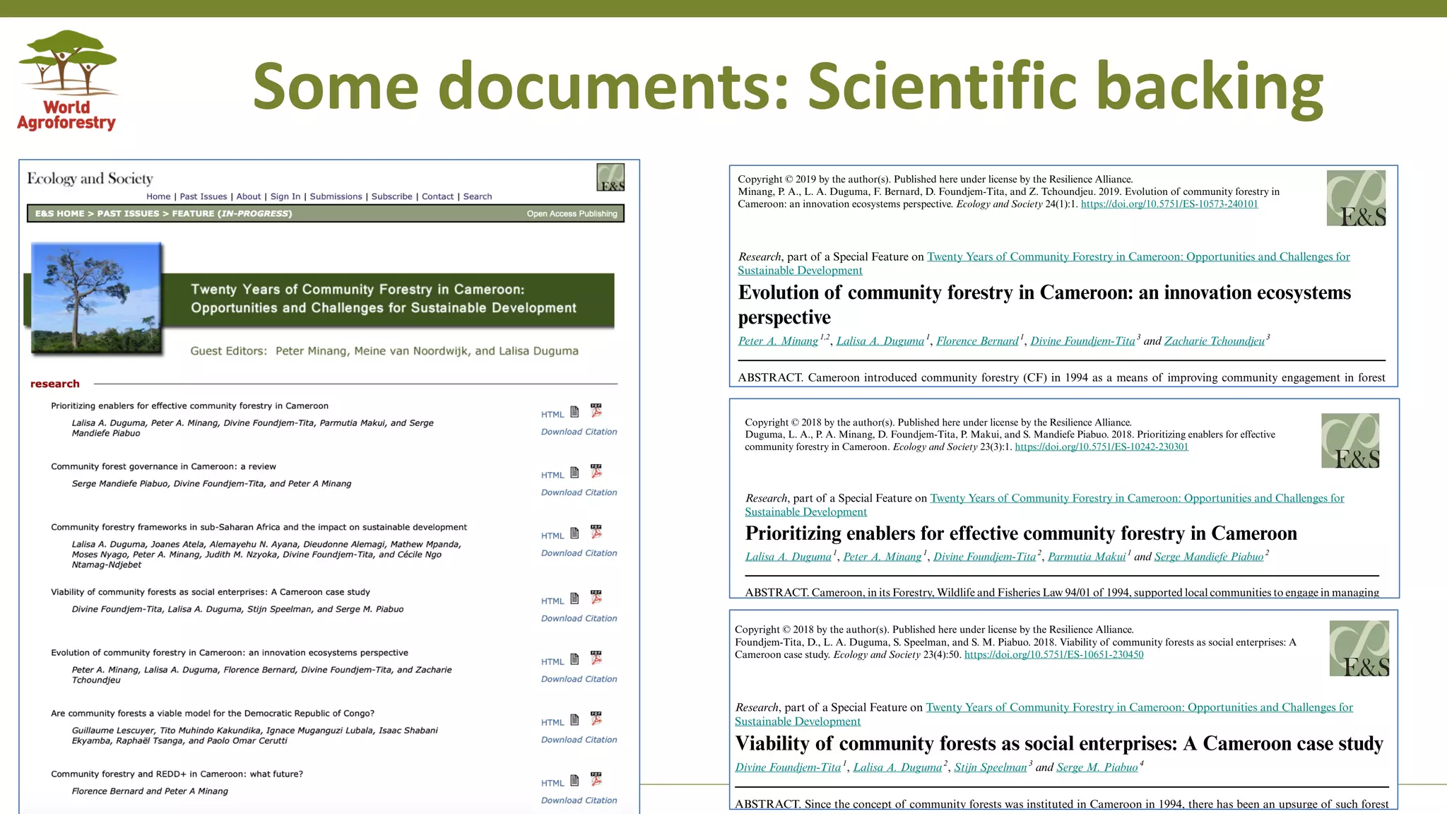 Transforming Lives and Landscapes with Trees
Copyright © 2019 by the author(s). Published here under license by the Resilience Alliance.
Minang, P. A., L. A. Duguma, F. Bernard, D. Foundjem-Tita, and Z. Tchoundjeu. 2019. Evolution of community forestry in
Cameroon: an innovation ecosystems perspective. Ecology and Society 24(1):1. https://doi.org/10.5751/ES-10573-240101
Research, part of a Special Feature on Twenty Years of Community Forestry in Cameroon: Opportunities and Challenges for
Sustainable Development
Evolution of community forestry in Cameroon: an innovation ecosystems
perspective
Peter A. Minang 1,2
, Lalisa A. Duguma 1
, Florence Bernard 1
, Divine Foundjem-Tita 3
and Zacharie Tchoundjeu 3
ABSTRACT. Cameroon introduced community forestry (CF) in 1994 as a means of improving community engagement in forest
management, enhancing forest conservation, and reducing poverty for forest-dependent people. More than 20 years on, reflection on
uptake, conceptual evolution, and innovation is necessary to understand how best community forests can contribute to Cameroon’s
post-2015 sustainable development goals. We investigate, review, and reflect on how community forestry has evolved from an innovation
ecosystem perspective, with a view to enhancing innovations and performance. Interest and momentum in community forestry remains
strong in Cameroon, with the number of community forests growing, reaching 430 and covering 1.7 million ha (7% of total forest area).
Major innovations identified are the introduction of pre-emption rights and steps toward sustainable forest management (ban on
industrial logging, development of certification standards, and the introduction of the environmental notice in lieu of a full
environmental impact assessment for CF activities). Little or no innovation is registered in areas related to forest enterprise (i.e., products
and services value chains) and in terms of practicing sustainable forest management. Evidence suggests that knowledge generated
directly feeds innovation. Coincidentally, areas for which little progress was made (enterprise and sustainable practices) also recorded
few publications, suggesting that partnerships aimed at improving knowledge generation and sharing could help catalyze innovation.
Other options for unlocking innovations within community forestry discussed include: enhancing intercommunity forest and private
sector community forests partnerships and collaboration, increased capacity development and capital investments, and deploying
incentives (financial and nonfinancial). Together these options can potentially transform community forestry in Cameroon.
Key Words: Cameroon; community forestry; evolution; innovation ecosystems
INTRODUCTION
Community forestry (CF) can be defined as forest management
in which communities manage and use forests, often with some
form of legal authority to do so, and it is primarily driven by local
community benefits and ecological sustainability goals (Arnold
2001, Ribot 2002). Community forestry is one of the fastest
growing forms of forest management. Since its emergence in the
1970s, it has grown tremendously with communally managed
forests being the main source of livelihood for more than 1.2
billion people (Agrawal et al. 2008). Community forestry has been
practiced in several countries around the world including Mexico,
Nepal, Philippines, Tanzania, Kenya, and others. It was founded
largely as an alternative to state-managed conservation. It was
Ojha and Kanel (2005) also reviewed 25 years of community
forestry in Nepal based on inputs from more than 200 stakeholder
contributions through 82 papers based on proceedings from a
national workshop. They found that community forest conditions
had improved overall compared to other forests; the participation
and contributions of women had increased significantly; and the
legal and institutional framework had been well developed. On
the downside, they highlighted the general lack of evidence of
any livelihood improvement as a result of CF; a deficit in the
distribution of community forests around the country with the
middle hills hosting most CFs whereas the Terai and high hill
regions had very few; inequities in control, with representation in
decision making dominated by wealthier families and therefore
Copyright © 2018 by the author(s). Published here under license by the Resilience Alliance.
Duguma, L. A., P. A. Minang, D. Foundjem-Tita, P. Makui, and S. Mandiefe Piabuo. 2018. Prioritizing enablers for effective
community forestry in Cameroon. Ecology and Society 23(3):1. https://doi.org/10.5751/ES-10242-230301
Research, part of a Special Feature on Twenty Years of Community Forestry in Cameroon: Opportunities and Challenges for
Sustainable Development
Prioritizing enablers for effective community forestry in Cameroon
Lalisa A. Duguma 1
, Peter A. Minang 1
, Divine Foundjem-Tita 2
, Parmutia Makui 1
and Serge Mandiefe Piabuo 2
ABSTRACT. Cameroon, in its Forestry, Wildlife and Fisheries Law 94/01 of 1994, supported local communities to engage in managing
forests and benefit from them economically and environmentally. Three main objectives underlie this law: (1) enabling local communities
to have access rights to forests in their surroundings, (2) Improving rural livelihoods, and (3) promoting sustainable forest management.
Despite a gradual increase in the number of community forests, their effectiveness in delivering on the above objectives has been low.
Our aim is to examine the typologies of the enabling factors (enablers) that could improve the performance of community forests in
achieving the objectives underlying their creation. Content analysis was applied to 41 documents focusing on community forest issues
in Cameroon. Benefit generation, partnership, monitoring, and policy support were the most frequently mentioned enablers with 47%
of the total frequency of enablers assessed. The second enablers set, with close to 33% of the total frequency, are technical support,
governance, financial support, practices choices, and institutions. We found a strong degree of association between the enablers in
general.Ownership,performance,andpartnershipdominatethiswithpositiveassociationwith12,11,and10otherenablers,respectively.
These results point to two policy and technical implications in the area of community forestry in Cameroon. First, the emergence of
key sets of enablers and clusters of associations can help identify and emphasize critical leveraging points for improving effectiveness
and efficiency. Second, it points to the need for holistic or integrated approaches in addressing enablers to improve community forests’
performance. Further research might be needed in identifying and prioritizing corresponding policy instruments required for
intervention.
Key Words: Cameroon; community forest; effectiveness; enablers
Copyright © 2018 by the author(s). Published here under license by the Resilience Alliance.
Foundjem-Tita, D., L. A. Duguma, S. Speelman, and S. M. Piabuo. 2018. Viability of community forests as social enterprises: A
Cameroon case study. Ecology and Society 23(4):50. https://doi.org/10.5751/ES-10651-230450
Research, part of a Special Feature on Twenty Years of Community Forestry in Cameroon: Opportunities and Challenges for
Sustainable Development
Viability of community forests as social enterprises: A Cameroon case study
Divine Foundjem-Tita 1
, Lalisa A. Duguma 2
, Stijn Speelman 3
and Serge M. Piabuo 4
ABSTRACT. Since the concept of community forests was instituted in Cameroon in 1994, there has been an upsurge of such forest
Some documents: Scientific backing
 