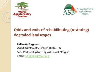 Odds and ends of rehabilitating (restoring)
degraded landscapes
Lalisa A. Duguma
World Agroforestry Center (ICRAF) &
ASB Partnership for Tropical Forest Margins
Email: l.duguma@cgiar.org
 