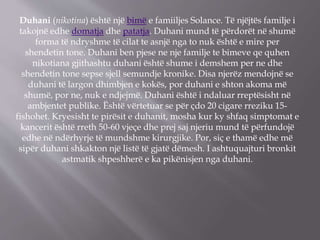 Duhani (nikotina) është një bimë e famiiljes Solance. Të njëjtës familje i
takojnë edhe domatja dhe patatja. Duhani mund të përdorët në shumë
forma të ndryshme të cilat te asnjë nga to nuk është e mire per
shendetin tone. Duhani ben pjese ne nje familje te bimeve qe quhen
nikotiana gjithashtu duhani është shume i demshem per ne dhe
shendetin tone sepse sjell semundje kronike. Disa njerëz mendojnë se
duhani të largon dhimbjen e kokës, por duhani e shton akoma më
shumë, por ne, nuk e ndjejmë. Duhani është i ndaluar rreptësisht në
ambjentet publike. Është vërtetuar se për çdo 20 cigare rreziku 15-
fishohet. Kryesisht te pirësit e duhanit, mosha kur ky shfaq simptomat e
kancerit është rreth 50-60 vjeçe dhe prej saj njeriu mund të përfundojë
edhe në ndërhyrje të mundshme kirurgjike. Por, siç e thamë edhe më
sipër duhani shkakton një listë të gjatë dëmesh. I ashtuquajturi bronkit
astmatik shpeshherë e ka pikënisjen nga duhani.
 