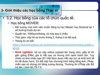 3- Giới thiệu các học bổng Thạc sĩ
 3.2. Học bổng của các tổ chức quốc tế:
 Học bổng MOVER:
• Đối tượng: mọi sinh viên muốn đăng ký học Master hay Doctorat tại 1
số trường thuộc dự án.
• Quyền lợi: 1000euro/tháng, vé máy bay 2 chiều
• Thời gian: nộp hồ sơ trước tháng 3, tháng 5 có kết quả.
• Thông tin chi tiết:
https://movermundus.um.es/movermundus/movermundus.public.c
all.do
• Kinh nghiệm: hồ sơ nộp online (upload lên trang chủ), giấy tờ thì
gần giống Eiffel, giá trị HB cao và nhưng tính cạnh tranh lớn. Tuy
nhiên có khá nhiều bạn SV Việt Nam được HB này (có vẻ khối kinh tế
thì dễ được hơn). Có thể nộp học chương trình bằng tiếng Anh, Pháp,
miễn sao có chứng chỉ tiếng tương đương. Thường thì t.Pháp cần B2
trở lên, t.Anh IELTS 7.0.
 